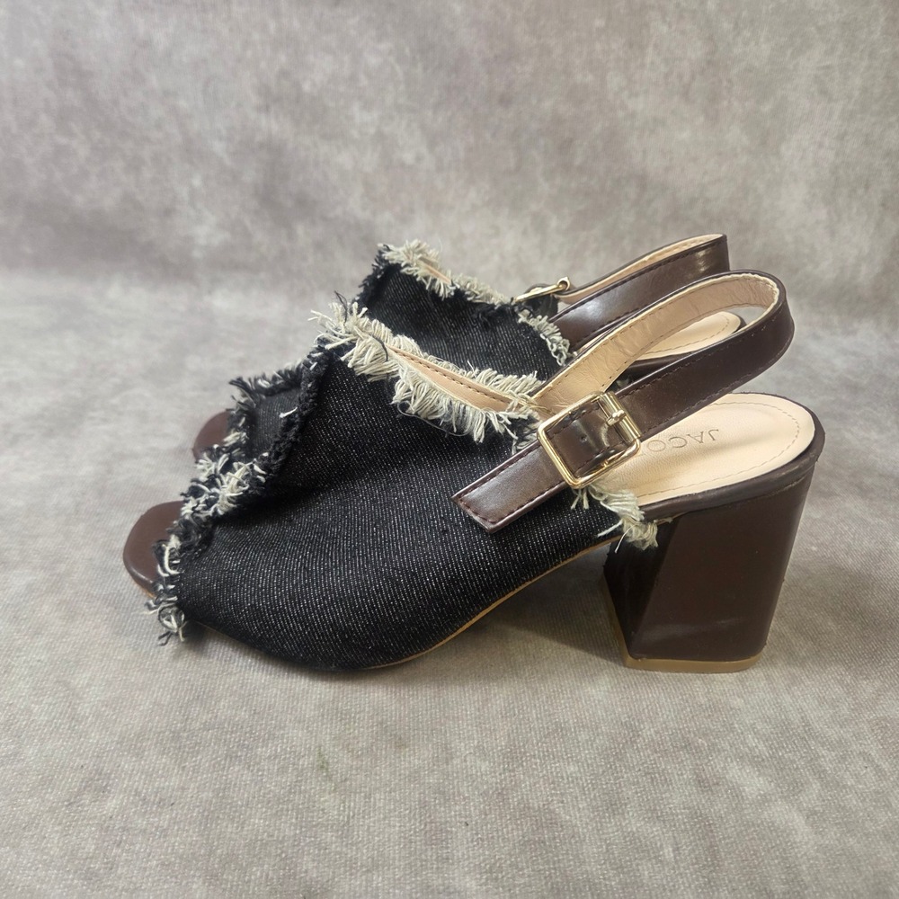 Jacobies Yara 20 Denim Frayed Slingback Block Heel Sandals Womens 6 Black Brown